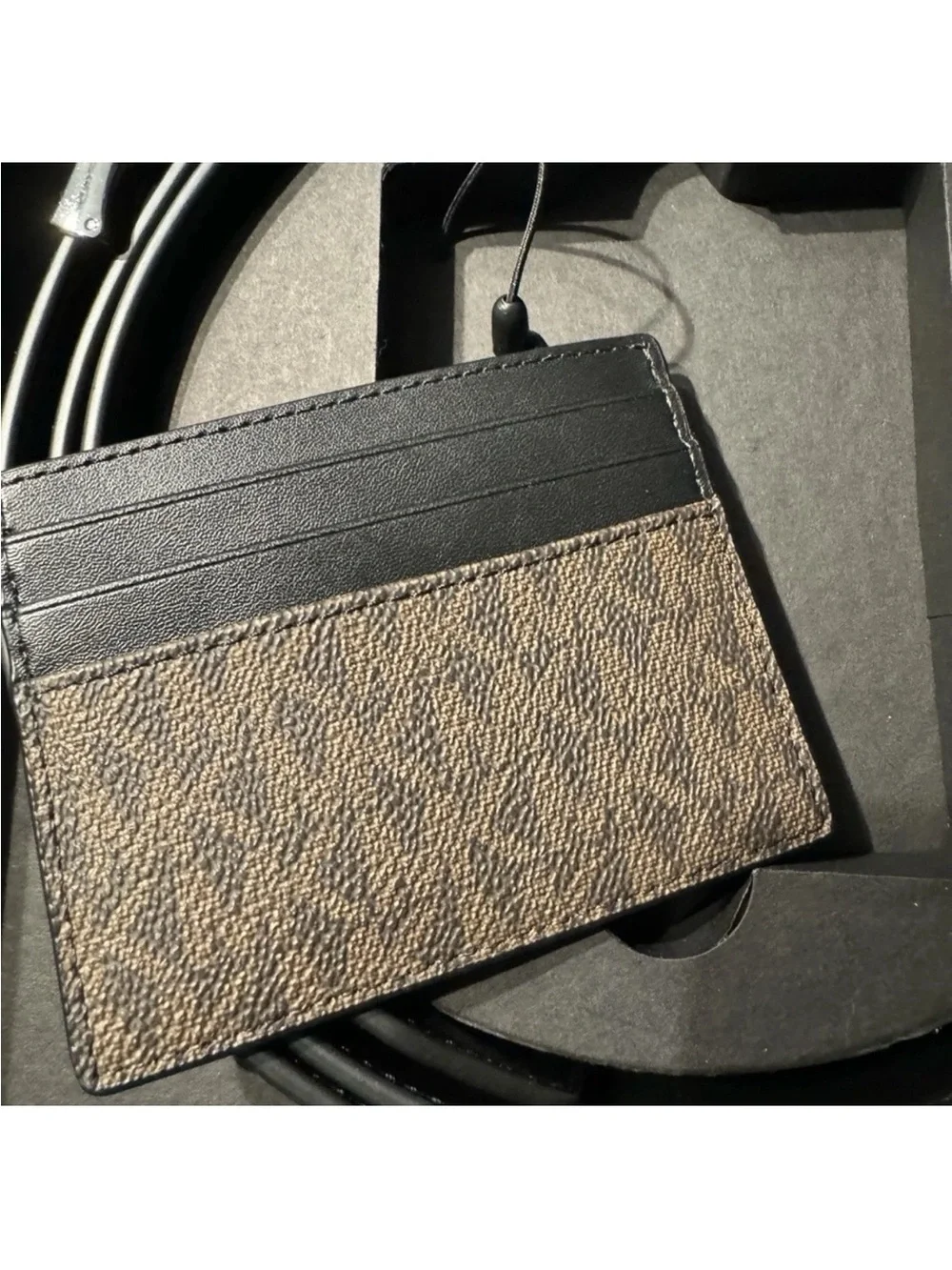 NWT Michael Kors Black Leather Belt with Brown Signature Card Holder Gift Set